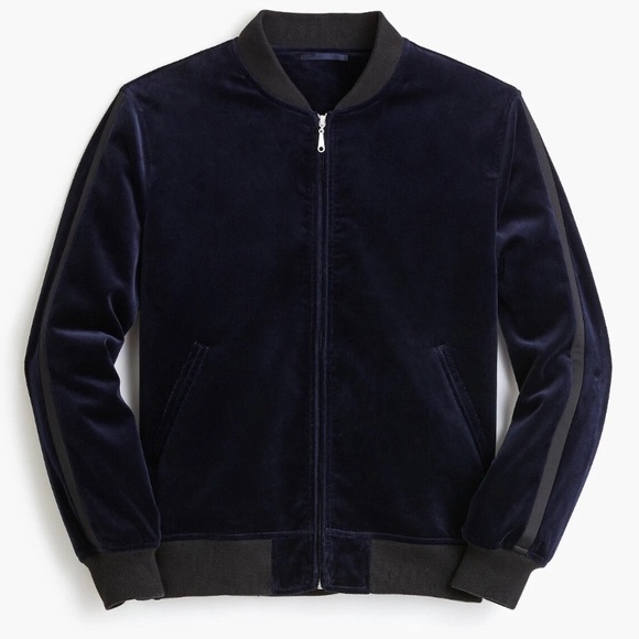 J.Crew Men’s Size Large Ludlow Navy Velvet Bomber with‎ Tuxedo Stripes